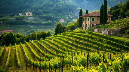 A picturesque vineyard in the Valpolicella region Italy with lush green rows.