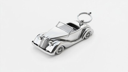 A silver keychain shaped like a vintage car, designed for decorative or functional use.