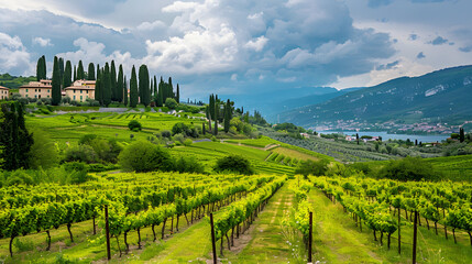 A picturesque vineyard in the Valpolicella region Italy with lush green rows.