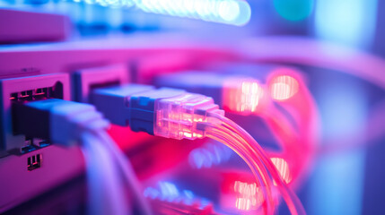 A close-up of Ethernet cables plugged into a network switch. 
