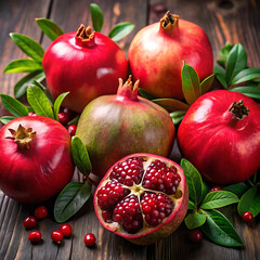 A picture of pomegranates and leaves