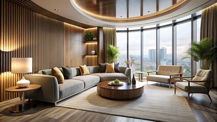 Fototapeta premium Clean lines and curved walls meld with plush upholstery and metallic accents, creating a dynamic space that's equal