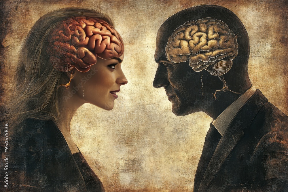 Poster brain health tips couple goals a man and woman facing each other with glowing brains symbolizing the