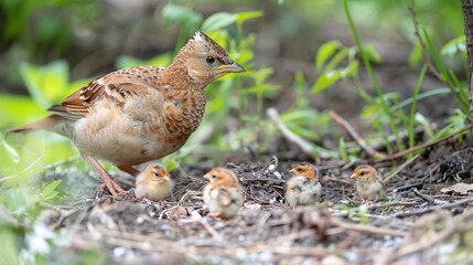 07231249 409. A bird parent diligently searching for food on the ground, with its nest and hungry chicks visible in the background, showcasing the nurturing aspect of nature