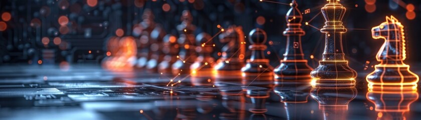 Elegant chess pieces on a glittering board with a glowing, futuristic background. The lighting adds depth and a sense of strategy.