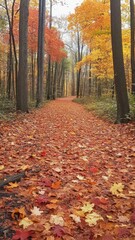 Autumn Pathway, a serene forest trail blanketed in vibrant, fallen leaves, showcasing the rich colors of the season amidst towering trees and a tranquil ambiance.
