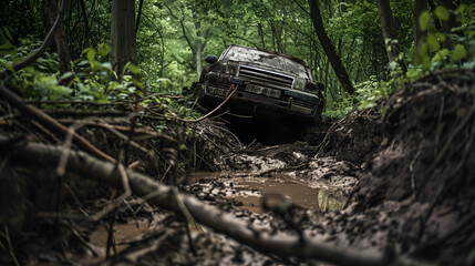A rare luxury SUV being dug out from a forest dirt and roots tangled.