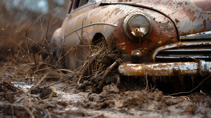 Fototapeta premium A rare vintage car emerging from the ground dust and roots entangled.