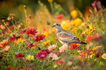 A bird stands amidst a vibrant field of colorful flowers, showcasing nature's beauty and diversity.