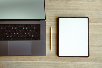office equipment laptop graphic tablet empty screen mockup top view