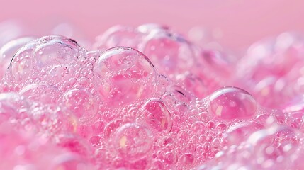 Clear translucent vibrant pink shampoo bubbles on a pink backdrop