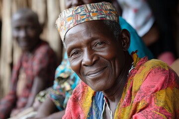Fototapeta premium An elderly African man smiles as he sits in front of his family during the day, dressed in traditional attire with colorful patterns.