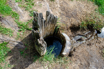 The old brine lifting pipes in the village of Varnitsy, Totemsky district, Vologda region Russia