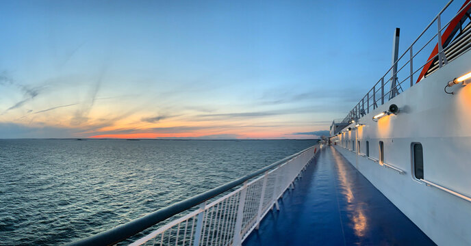 Sunset in the Gulf of Finland of the Baltic Sea from the ferry going to Tallinn, Estonia, August 2019