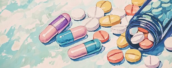 Colorful capsules and pills scattered around a bottle, representing health, medicine, and wellness in a vibrant setting.