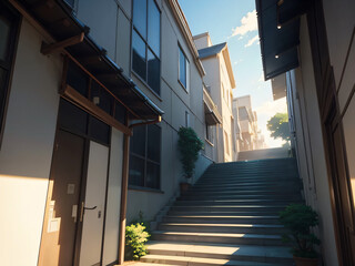 晴れた夏の日、モダンなアパートの入り口