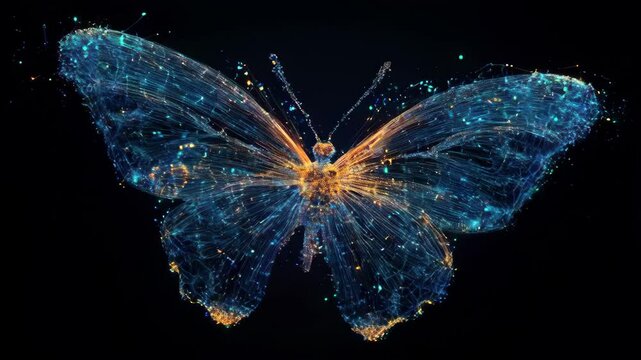 A high-tech digital butterfly featuring glowing circuits and lights on a dark blurred background. Concept of technology and nature fusion