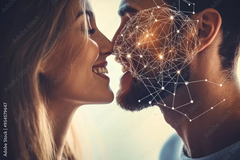 Poster brain performance relationship goal couple smiling at each other with glowing network between them s