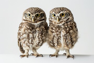Naklejka premium two small owls standing side by side against a plain white background