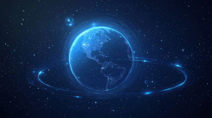 Obraz premium A dark blue vector background with Planet Earth, featuring abstract technological rings in its orbit and global communication satellites, creating a dynamic, religious-themed effect of movement. 