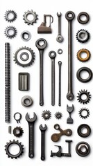 Obraz premium Various industrial tools and components are neatly arranged, highlighting their detailed features and functional designs