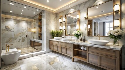 Elegant bathroom design showcases marble tiles, contemporary fixtures, a double vanity, and chic accents, creating a