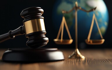 Gavel and scales of justice with earth globe in background, symbolizing global law and order. Ideal for legal, justice, and international law themes.