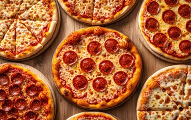 Assorted pizzas with various toppings including pepperoni and cheese arranged in a circle on a wooden table for a delicious feast.