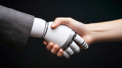 A human hand shaking hands with an AI-powered robotic hand, symbolizing collaboration between humans and AI