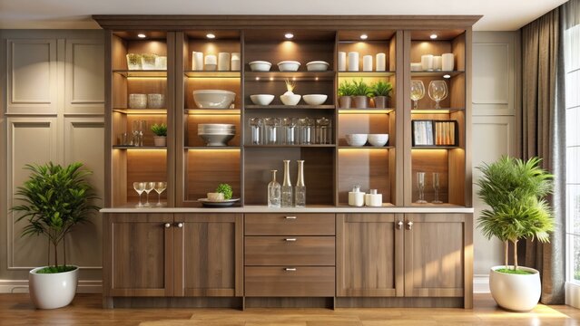 Elegant crockery unit featuring wooden cabinets, glass doors, and subtle accent lighting adds sophistication to any