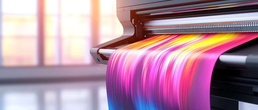 A digital printer creating a colorful printed page with vibrant gradients, symbolizing modern printing technology and creativity at work.