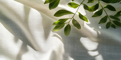 Sunlight shadows on delicate linen fabric, aesthetic minimalist natural background with copy space for text