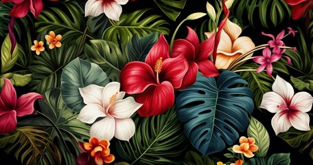 Fototapeta premium A vibrant arrangement of tropical flowers and leaves, showcasing rich colors and intricate details for decorative purposes.