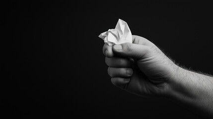 A black-and-white close-up of a hand tightly gripping a crumpled piece of paper, highlighting tension, determination, and raw emotion, set against a dark background.