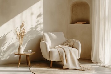 Minimalist reading nook with a cozy chair and a cozy throw blanket set in a quiet corner of a modern room