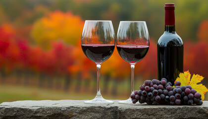 Two glasses of red wine beside a bottle and grapes, set against a vibrant autumn landscape.