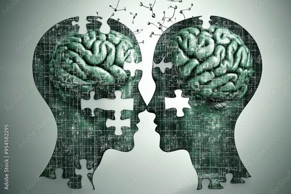Poster emotional processing relationship goal two faces with brains constructed of puzzle pieces symbolizin