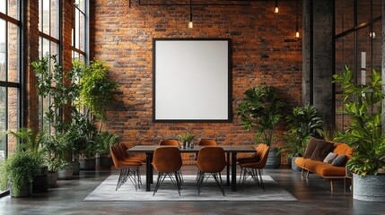 Modern Red Brick Loft Conference Room with Empty Poster on Wall