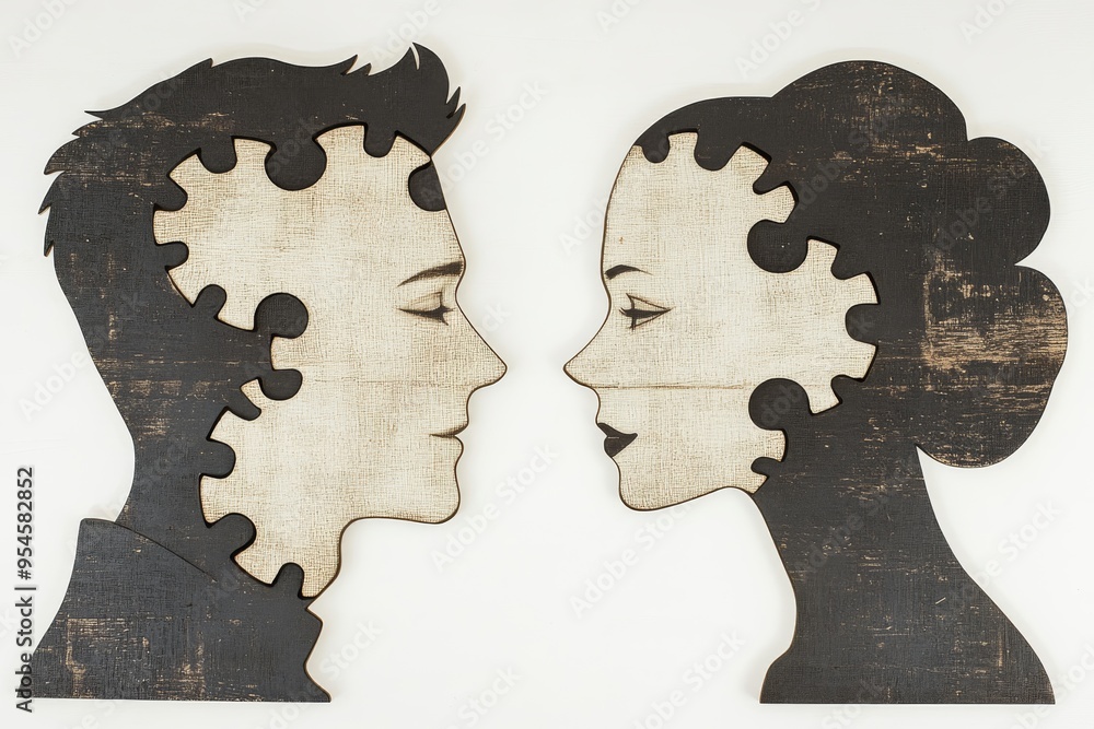 Poster mental visualization relationship goal couple with gears and puzzle pieces for brains symbolizing me