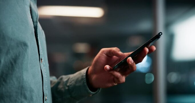 Hands, smartphone and texting at night in office with mobile networking, communication or chat on web. Person, phone and scroll on application for contact, notification or social media in workplace