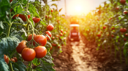 Together in the plantation with a tractor, sunlight, close-up view, focus on tomatoes