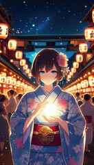 Obraz premium イラスト／お祭りを楽しむ浴衣の女性 着物 お祭り