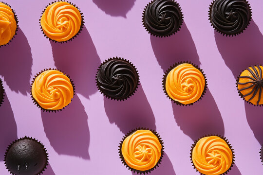 orange and black cupcakes and pastries of various shapes, placed on a light purple background, with shadows cast by the sunlight. Halloween treats idea. The pattern is symmetrical, with pastel colors 