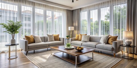 Fototapeta premium Ethereal ambiance is added to a modern living room by elegant sheer curtains, matching sleek furniture and vibrant