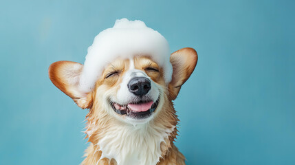 happy wet corgi dog taking bath with soap foam on his head . blue background. copy space	