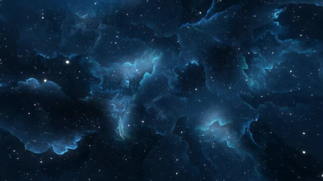 Turquoise colored space nebula with flying stars. Abstraction on a scientific theme. Flight to the far corners of space. Infinity of galaxies and stars throughout the universe. High quality 4k footage