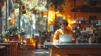 male IT professional checking program text on modern laptop computer doing distance job in coffee shop, handsome man with takeaway cup watching online web webinar via application platform