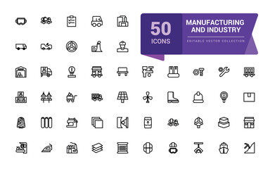 Manufacturing and industry icons set. Different kinds of engineering. Pixel perfect, minimalistic web and UI icon. Outline icon collections. Editable illustration.