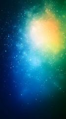 Fototapeta premium Abstract blue, green, and yellow gradient background with white glitter and bokeh.