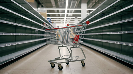 Desolate Shopping Aisle with Empty Cart Abandoned Store Shelves Under Bright Lights, Barren Retail Space Depicting Economic Decline or Supply Shortages